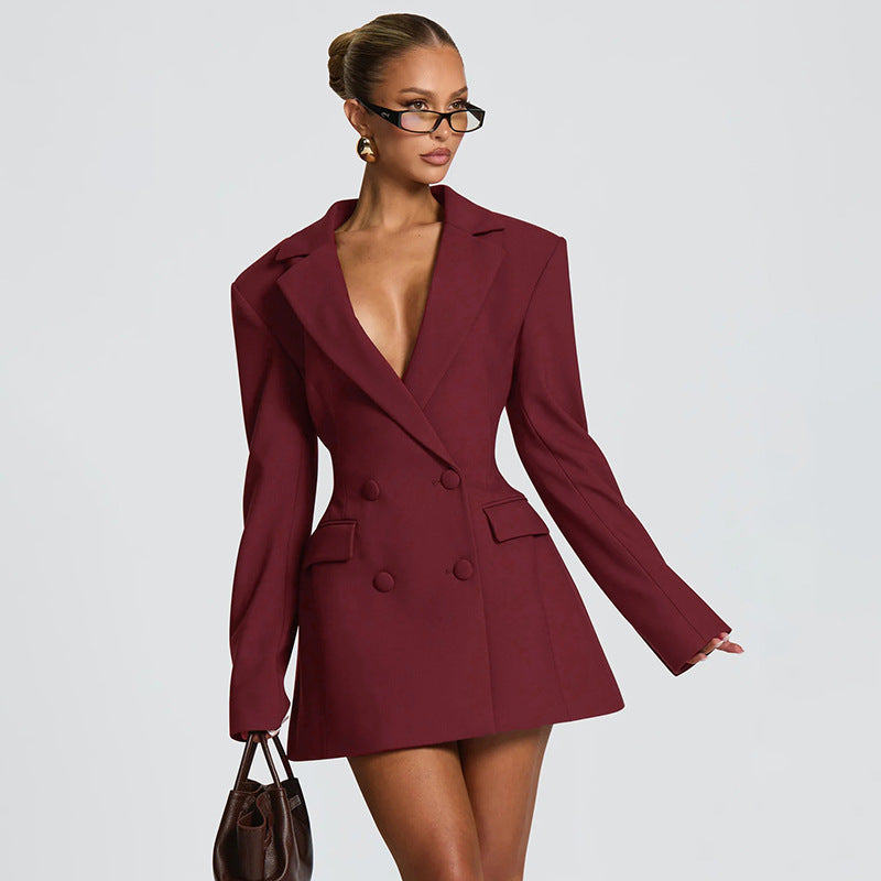 Solid-color Long-sleeve Fashionable and Sexy Deep-V Slim-fit Suit Dress