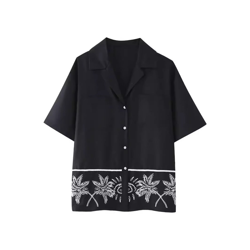 European and American summer new style fashionable lapel short sleeved black single breasted loose shirt