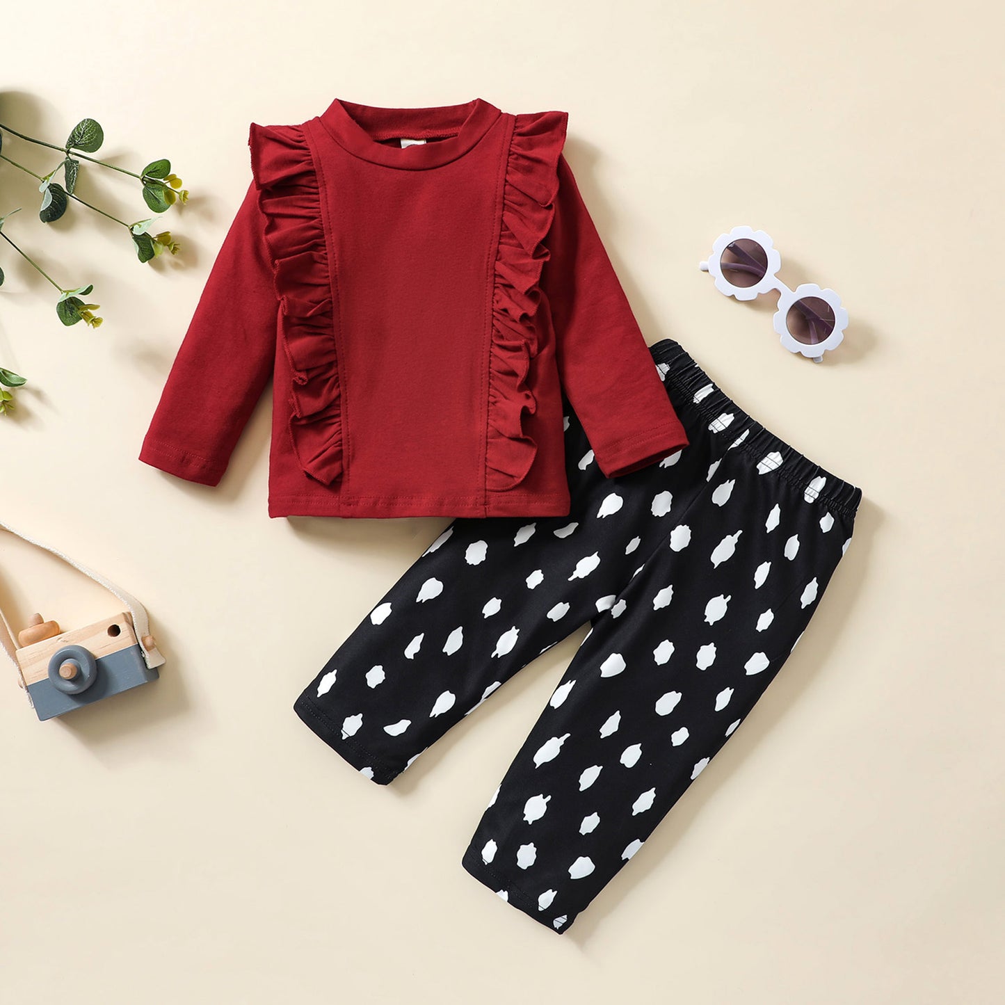 Peuter en Baby Meisje Kledingset Lange Mouwen Ruches Top En Broek Met Print
