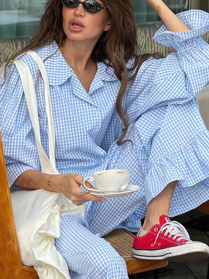 Cross-Border Pure Cotton Plaid Long-Sleeved Pants Two-Piece Set European and American 2025 Autum New Ruffled Shirt Pants Suit