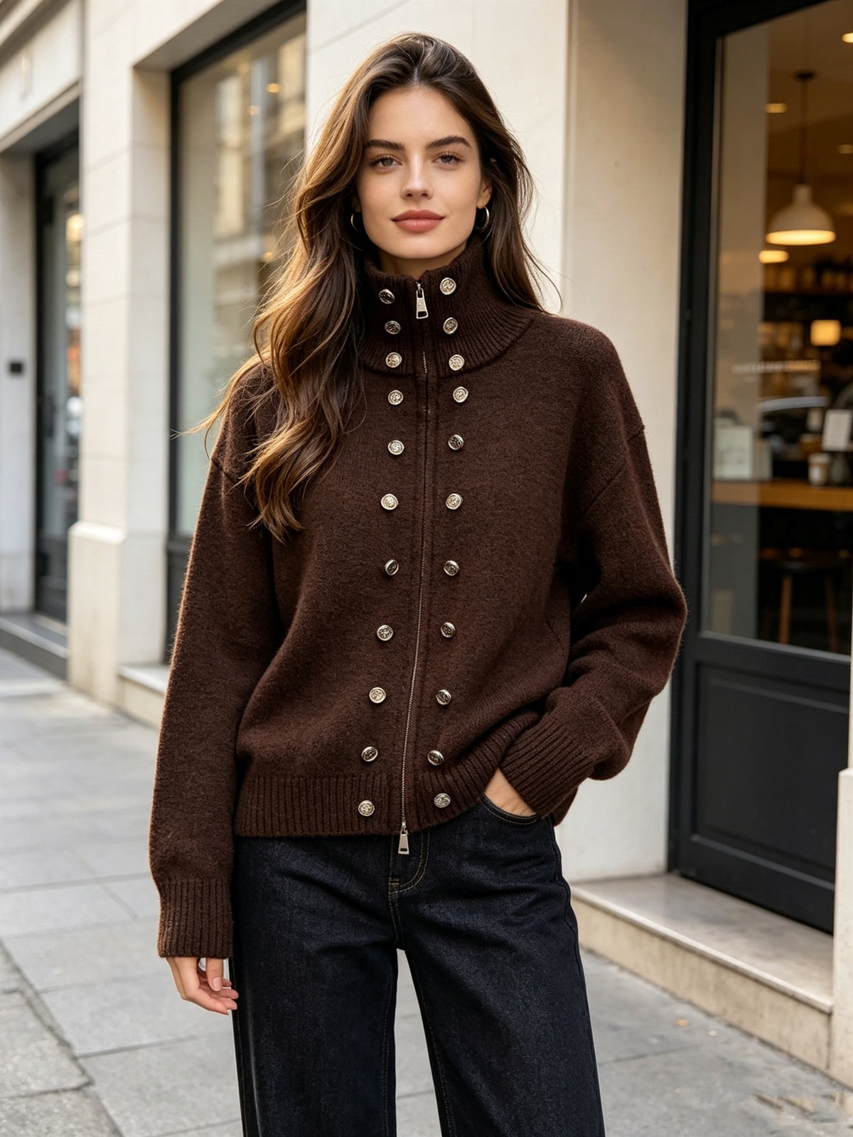 button-decorated knitted zipper cardigan sweater coat