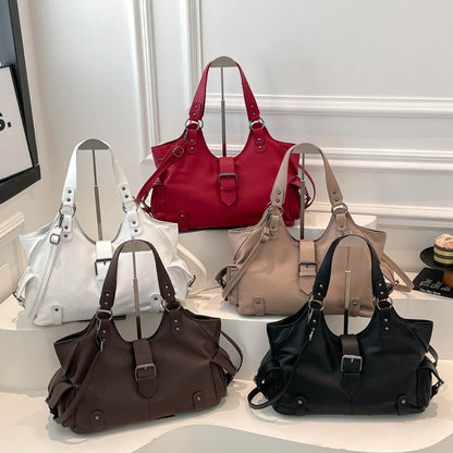 Large Capacity Retro Tote Bag with Rivets Lock Buckle
