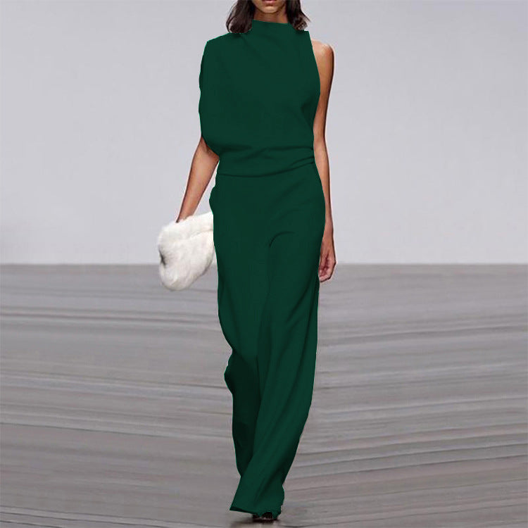 Womens Solid Color One Shoulder Ruched Collar Jumpsuit