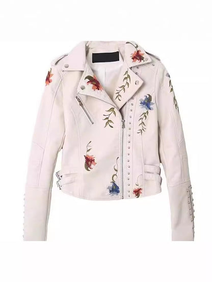 Embroidered Rivet Detail Leather Jacket