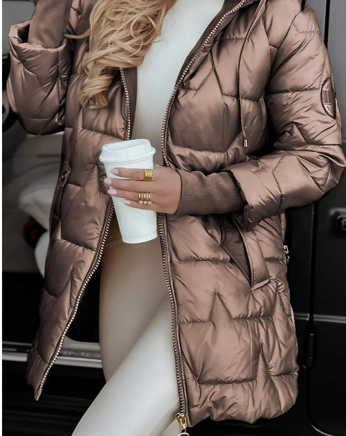 Women Hooded Mid-Length Cotton Jacket Solid Color