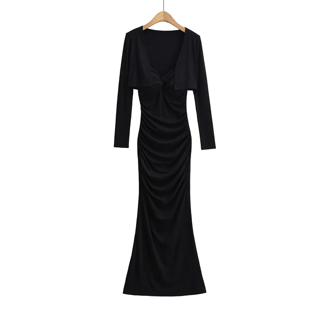 Vintage Sexy Knot Pleated Long Dress Design Slim Fit Bodycon Padded Dress with Cardigan Two-Piece Set