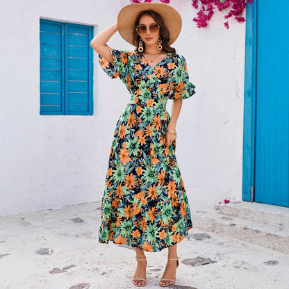 Real Cotton Printed Ruffle Batwing Sleeve V-Neck Waist-Cinched Flared Dress Bohemian Beach Vacation Skirt