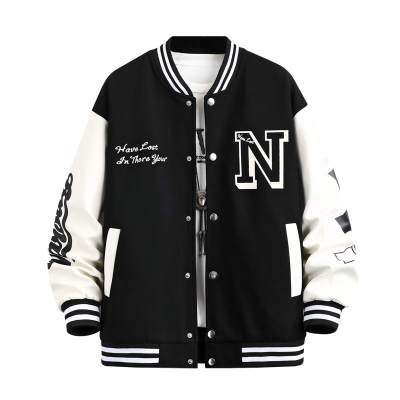 Letterprint Color Block Knoop Ronde Hals Baseball Jacket