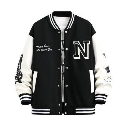 Letterprint Color Block Knoop Ronde Hals Baseball Jacket