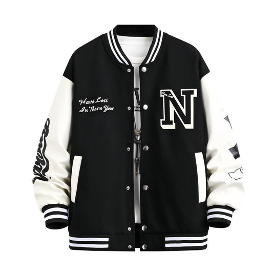 Letterprint Color Block Knoop Ronde Hals Baseball Jacket
