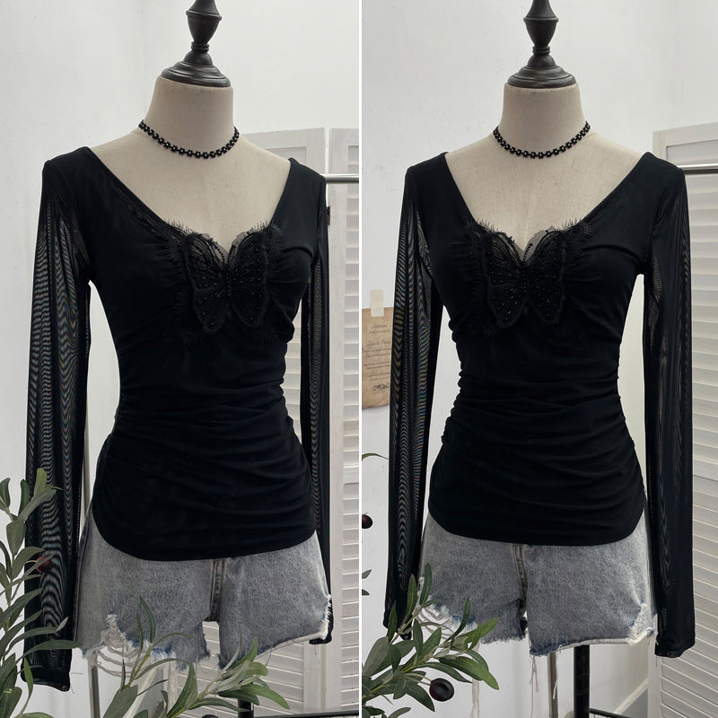 Lace butterfly V-neck top