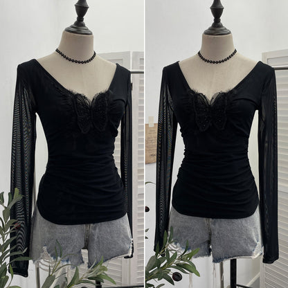 Lace butterfly V-neck top