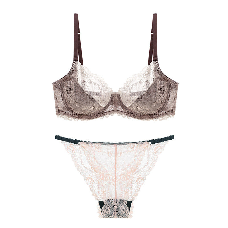 European and American sponge-free transparent big chest French ultra-thin breathable underwear sexy lace lingerie women bra set women