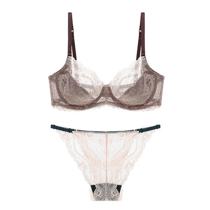 European and American sponge-free transparent big chest French ultra-thin breathable underwear sexy lace lingerie women bra set women