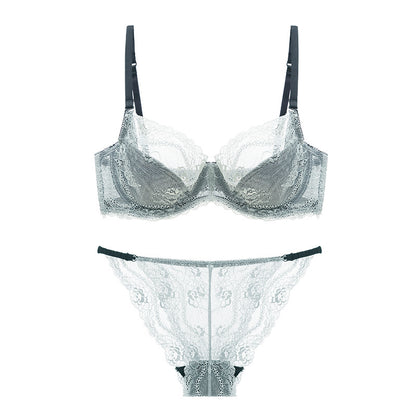 European and American sponge-free transparent big chest French ultra-thin breathable underwear sexy lace lingerie women bra set women
