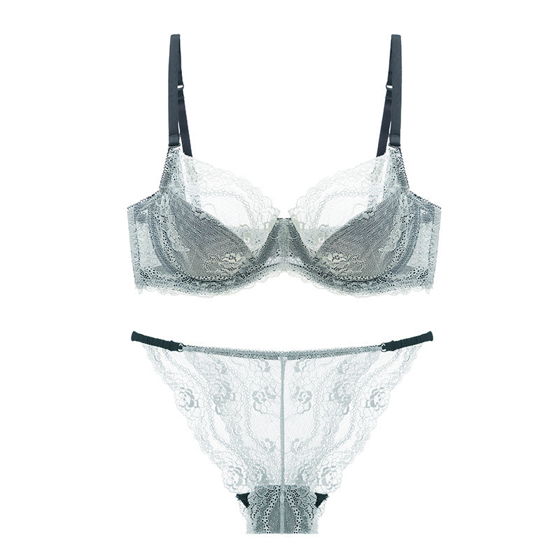 European and American sponge-free transparent big chest French ultra-thin breathable underwear sexy lace lingerie women bra set women