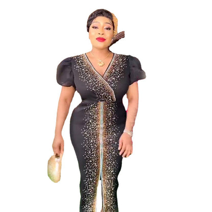 Womens Mesh Rhinestone Puff Sleeve Dress