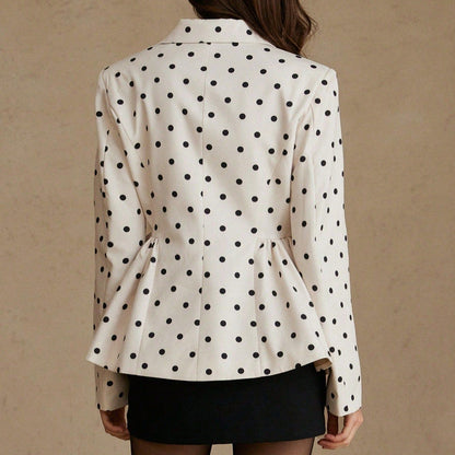 Chic Polka Dot Printed Blazer Coat for Women with Fitted Waist, Flared Skirt, Notched Lapel, Long Sleeve, Elegant Women's Suit Coat
