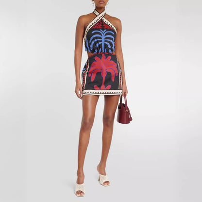 Summer fashion vacation hanging neck backless printed sexy beach skirt dress