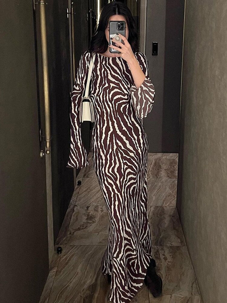 Stripe Long Women Dress Elegant Long Flare Sleeve O-neck Hip Wrap Skinny Bodycon Female Dresses Sexy Robe