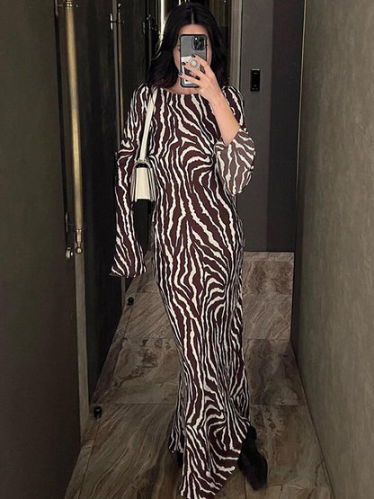 Stripe Long Women Dress Elegant Long Flare Sleeve O-neck Hip Wrap Skinny Bodycon Female Dresses Sexy Robe