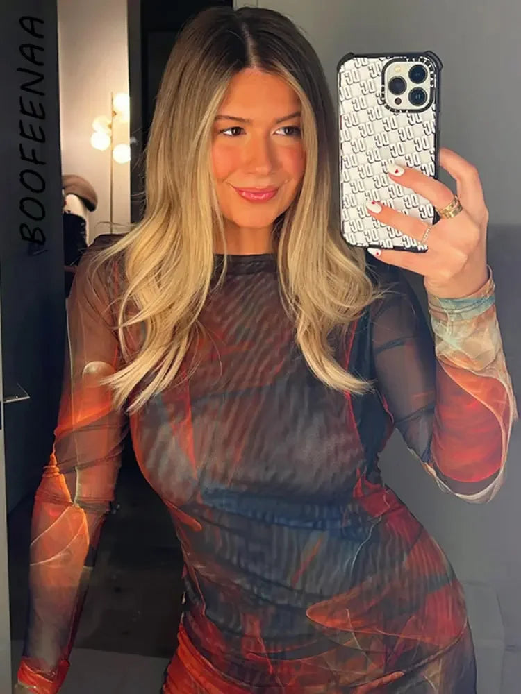 Jurk met print mesh open rug en lange mouwen