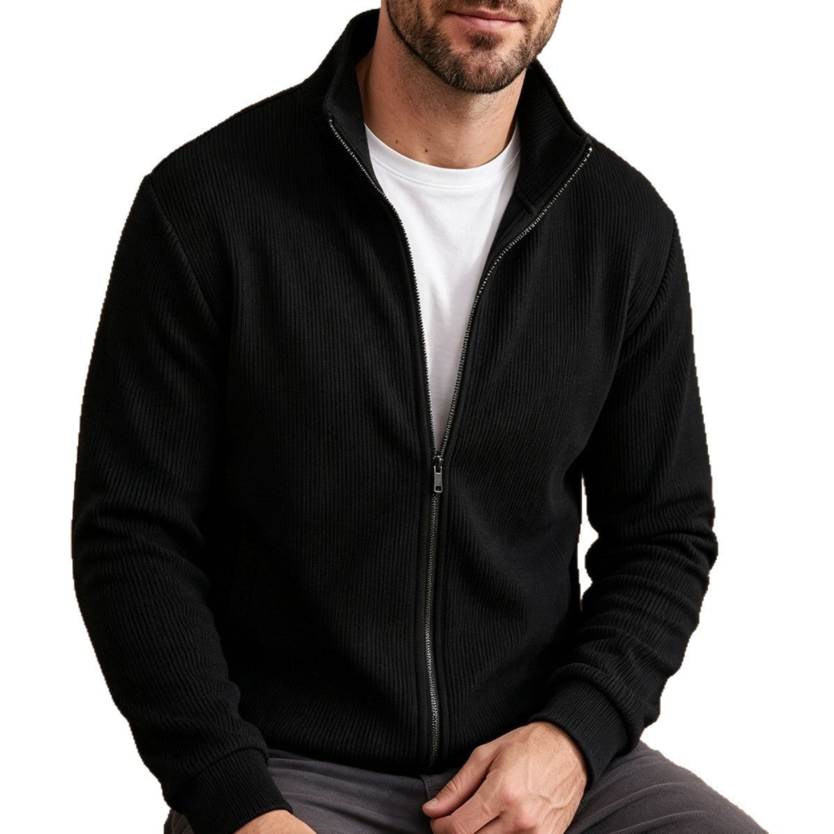Mens Corduroy High Neck Zip Up Sweater