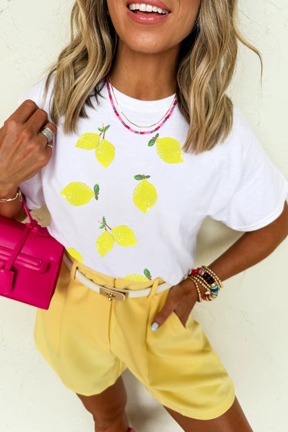 Witte zomerse casual T-shirt met pailletten en citroenprint