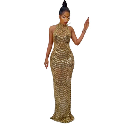 Elegant Diamond Backless Long Dress