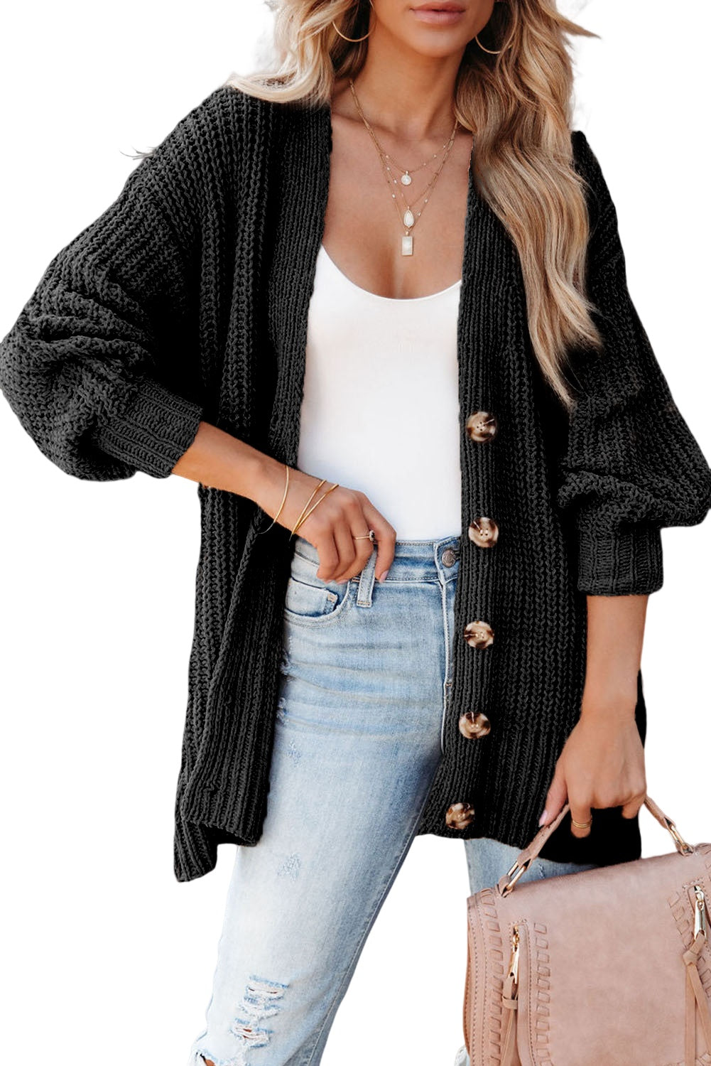 Gray Buttoned Front Drop Shoulder Knitted Cardigan