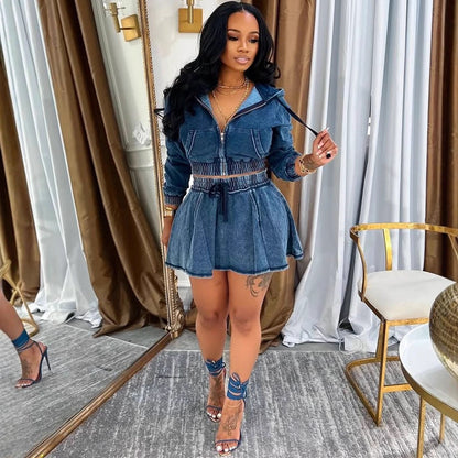 Women's Casual Dress Set, Washed Denim Jacket with Mini Skirt, Autumn Winter New Style Fashion Outfit