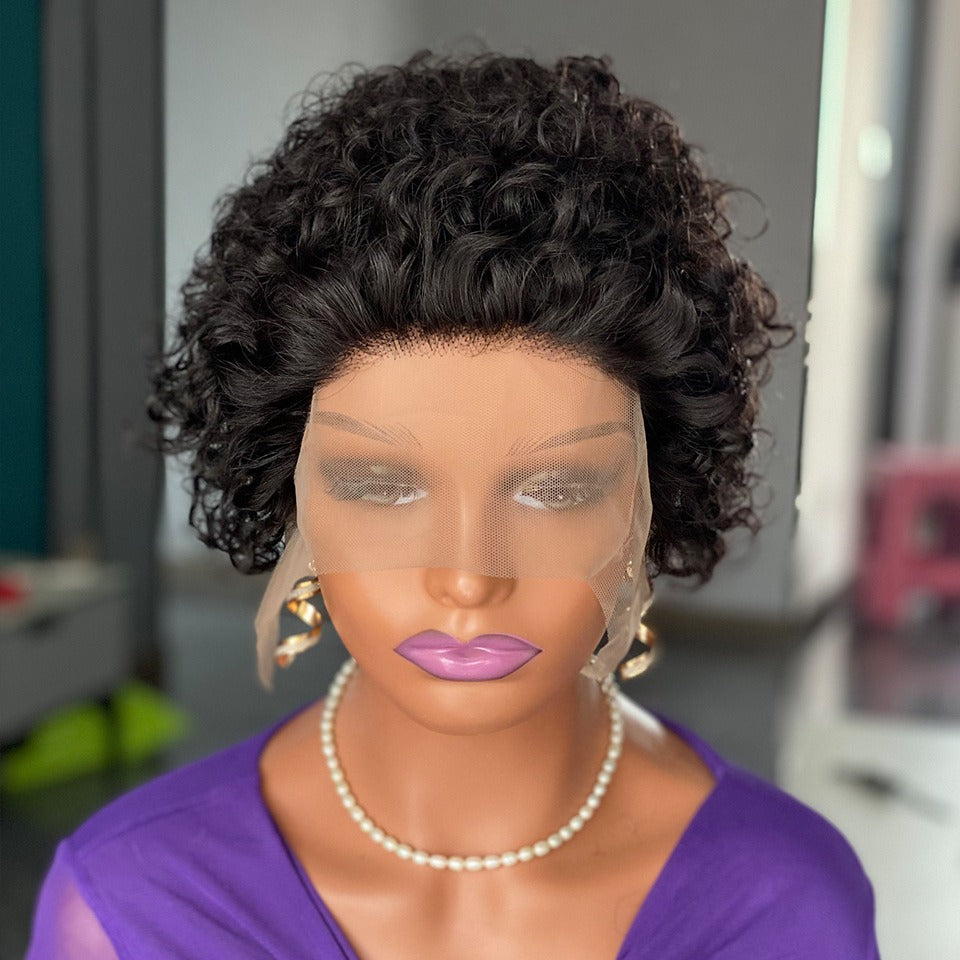 Krullende pixie-cut kanten pruik van echt haar