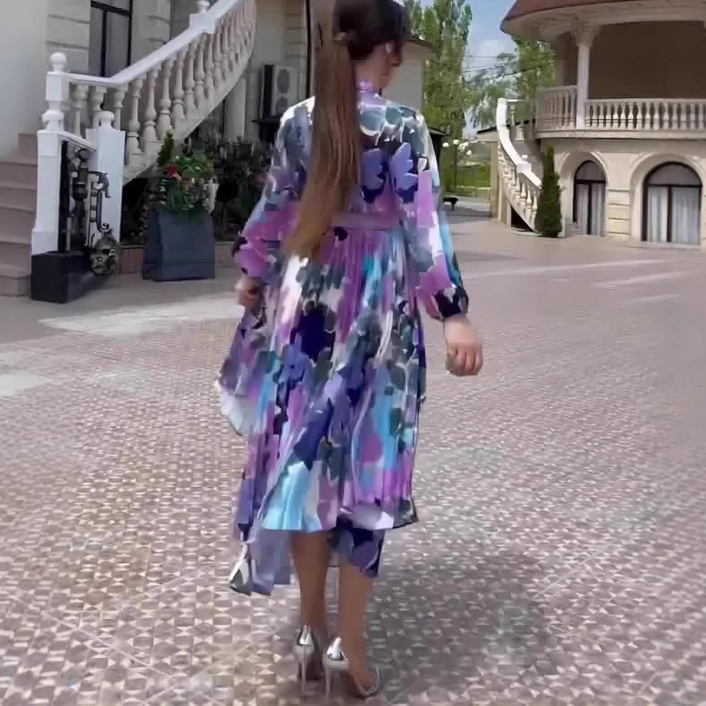 Printed Scarf Neck Elegant Design Dress Spring Fitted Waist New Puff Sleeve