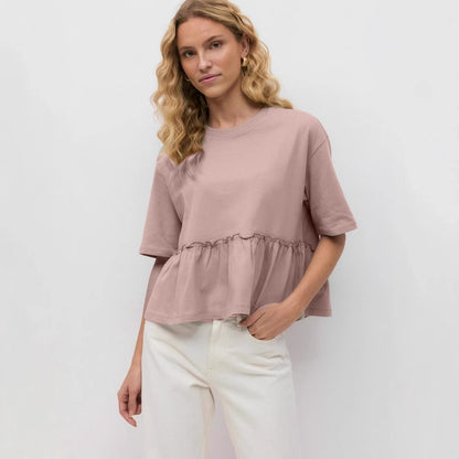 Style Pure Cotton Round Neck Pleated T-Shirt Women's Soft Loose Casual Versatile Top