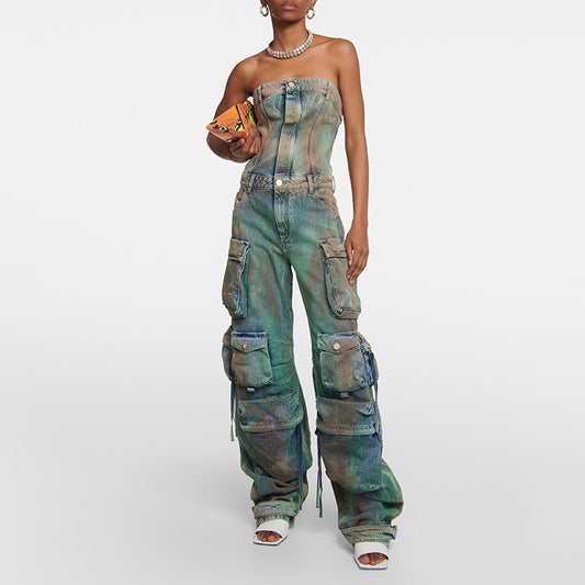 Strapless denim cargo jumpsuit met camouflageprint