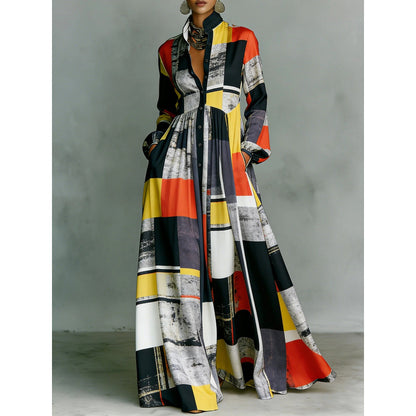 Elegant Waist-Cinching Floral Printed Long Sleeve Dress for Women