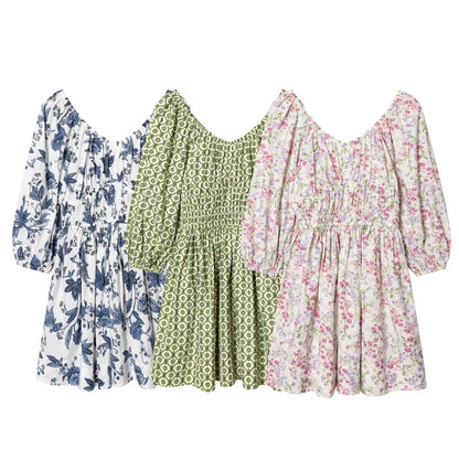 Flower V-neck flared skirt cotton skirt