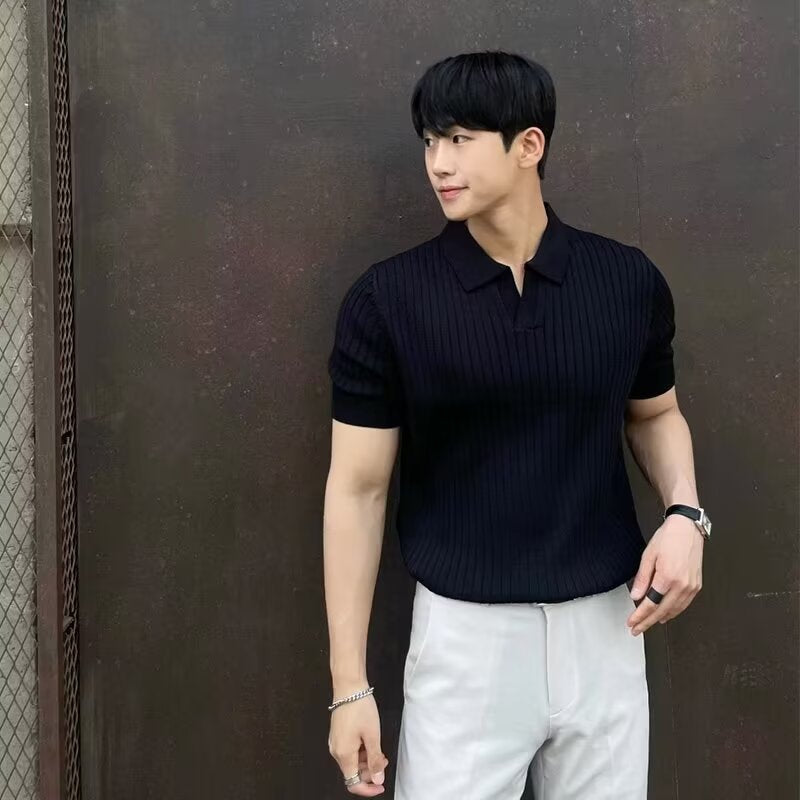 Fashion Casual Lapel Pure Color Polo Shirt Casual Knitted Short-Sleeved Men's Summer New Breathable Trendy Men's T-Shirt