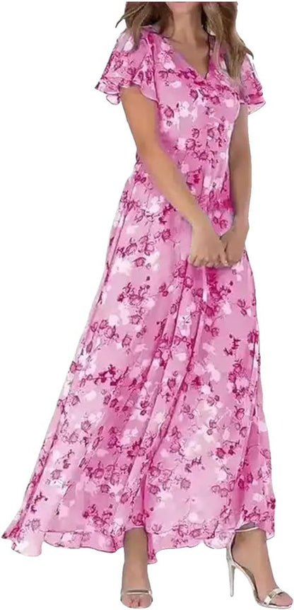 Womens Floral Print Chiffon V Neck Ruffled Swing Dress Short Sleeve Midi Beach Long Dress