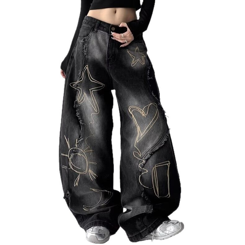 Retro Washed Embroidered Wide-Leg Jeans