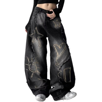 Retro Washed Embroidered Wide-Leg Jeans