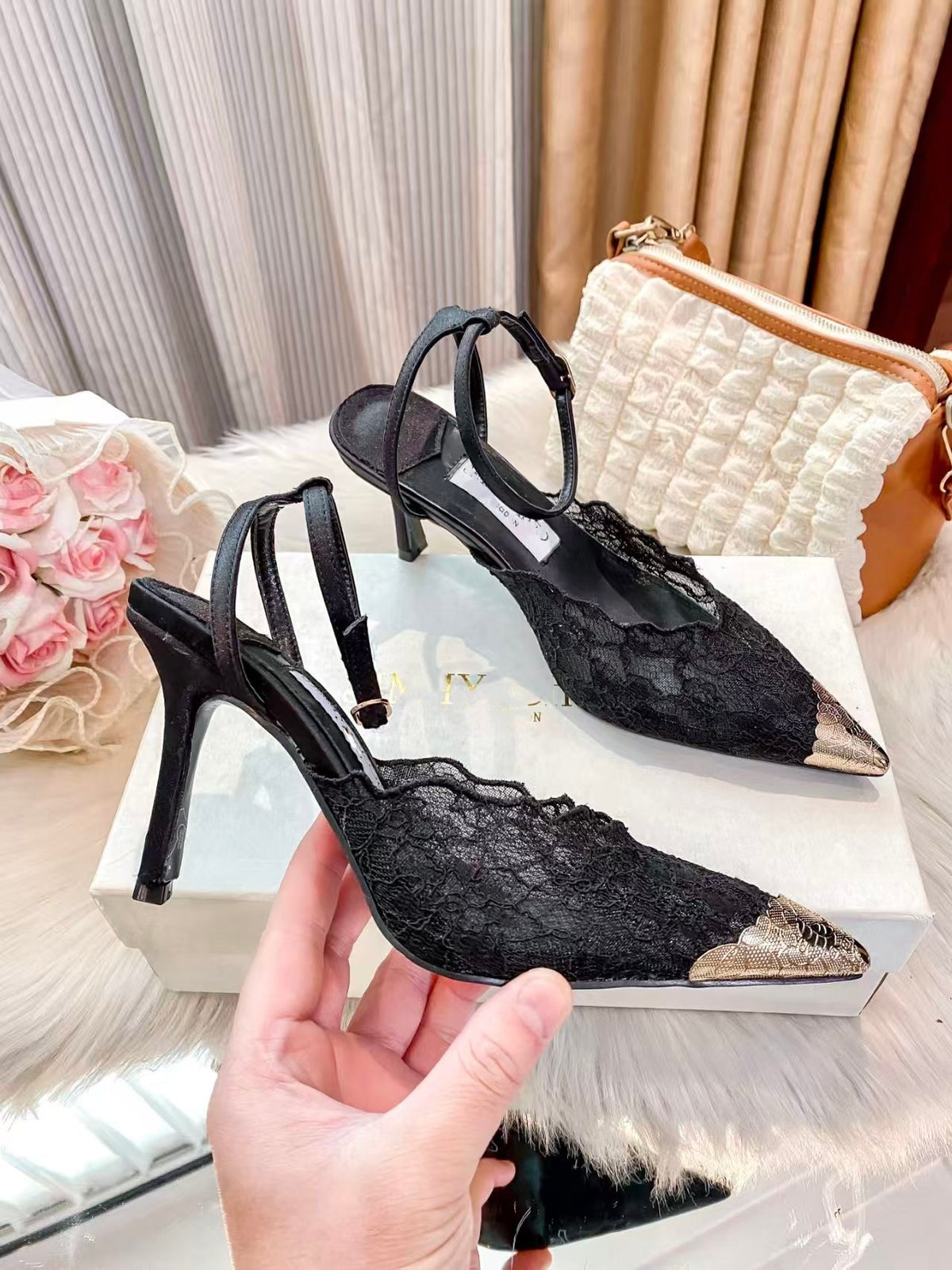 Lace Peep-Toe High Heel Sandals