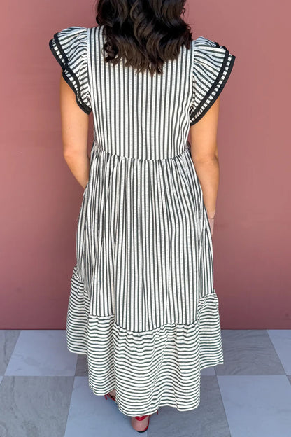 Gestreepte maxi-jurk met split V-hals en ruchesmouwen plus size