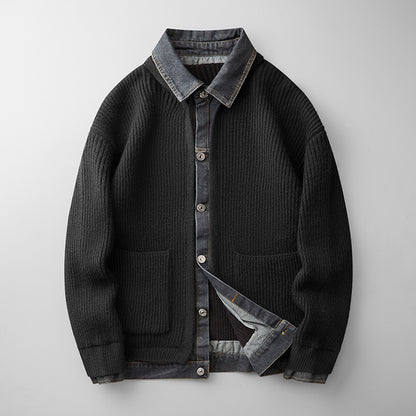 Mens Denim Patchwork Knit Cardigan