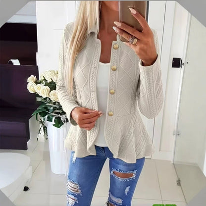 Women's Diamond Pattern Knit Cardigan with Ruffle Hem and Gold Buttons