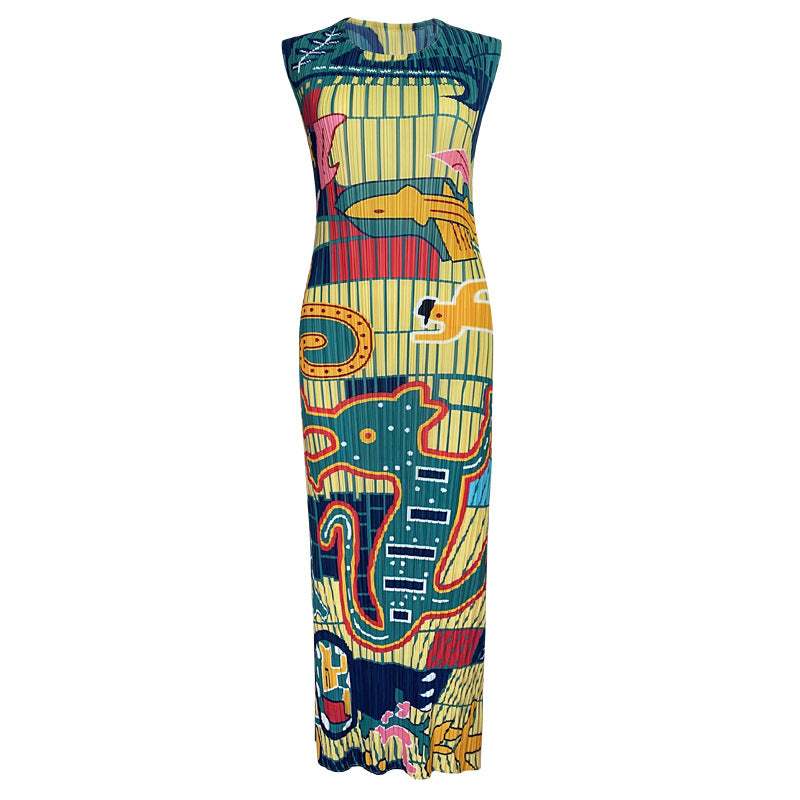 Summer new elegant animal waist slim fit round neck temperament pleated casual style dress for women
