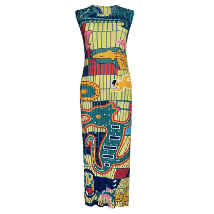 Summer new elegant animal waist slim fit round neck temperament pleated casual style dress for women