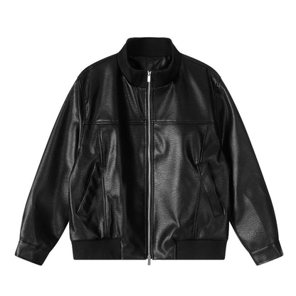 Standing collar leather jacket