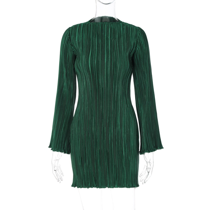 Hawthaw Elegante Lange Wijde Mouwen Geplisseerde Mini-jurk met Hoge Hals