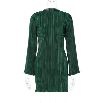 Hawthaw Elegante Lange Wijde Mouwen Geplisseerde Mini-jurk met Hoge Hals